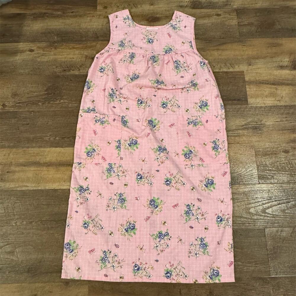 VTG Nightgown Pajama House Dress M Pink Floral Sleeveless Chore Pockets Cottage
